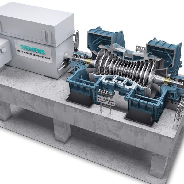 Siemens entwickelt Dampfturbine SST-500 GEO für Geothermie-Kraftwerke / Siemens develops SST-500 GEO steam turbine for geothermal power plants Siemens Energy hat eine neue Dampfturbine für Geothermie-Kraftwerke mit einer Leistung von bis zu 120 Megawatt (MW) entwickelt. Sie folgt auf die SST-400 GEO, die im Herbst 2011 eingeführt wurde. Die eingehäusige, zweiflutige Kondensationsturbine SST-500 GEO ist eine Weiterentwicklung der Dampfturbinenfamilien SST-500 und SST-600. Sie verbindet Bauteile des Gehäuses sowie der Hilfs- und Nebenanlagen der beiden bewährten Siemens-Turbinen. Darüber hinaus ist der von Siemens Energy Services speziell für geothermische Anwendungen konzipierte und erprobte Dampfströmungsweg in die Entwicklung der neuen Dampfturbine mit eingeflossen. Die SST-500 GEO kann zur Nutzung der Erdwärme bei verschiedenen Dampfbedingungen eingesetzt werden, da sie sowohl für Single-Flash- als auch für Double-Flash-Anwendungen konstruiert wurde.
Siemens Energy has developed a new steam turbine for geothermal power plants to serve the power range up to 120 megawatts (MW). The SST-500 GEO follows the SST-400 GEO turbine, which was introduced in the autumn of 2011. The SST-500 GEO is a single-casing, double-flow condensing turbine. As a derivative of the SST-500 and SST-600 turbine families, it combines the proven casing and auxiliaries of the Siemens SST-500 and SST-600 steam turbines with the geothermal features and steam path technologies developed, tested and applied by Siemens Energy Services. The SST-500 GEO steam turbine can be deployed in geothermal power plants with a varying range of steam conditions, being designed for both single and double flash applications.